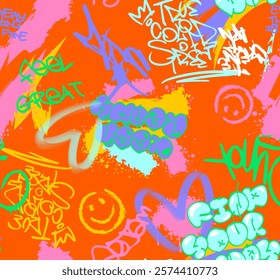 Abstract seamless chaotic pattern with urban graffiti words, scuffed and sprays. Grunge texture background. Wallpaper . Fashion sport style