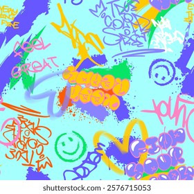 Abstract seamless chaotic pattern with urban graffiti words, scuffed and sprays. Grunge texture background. Wallpaper . Fashion sport style