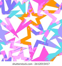 Abstract seamless chaotic pattern with urban stars. Grunge neon texture background. Wallpaper for woman. Fashion sport style