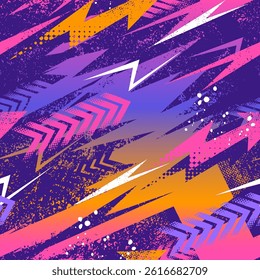 Abstract seamless chaotic pattern with urban graffiti elements, scuffed and sprays. Grunge neon texture background. Fashion womans sport style