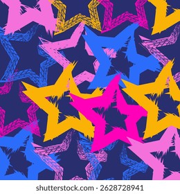 Abstract seamless chaotic pattern with urban geometric elements, scuffed, drops, stars and sprays. Grunge neon texture background. Wallpaper for teen girls. Fashion sport style