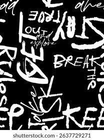 Abstract seamless chaotic pattern with urban graffiti words, scuffed and sprays. Grunge texture background. Wallpaper . Fashion sport style