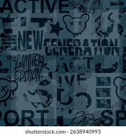 Abstract seamless chaotic pattern with urban geometric elements, scuffed, drops, sprays, triangles. Grunge neon texture background. Wallpaper for boys and girls
