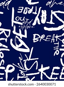 Abstract seamless chaotic pattern with urban graffiti words, scuffed and sprays. Grunge texture background. Wallpaper . Fashion sport style