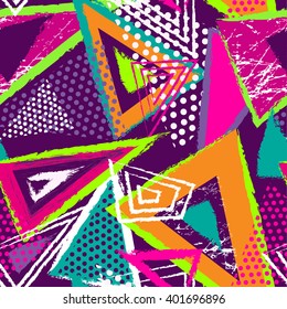 Abstract seamless chaotic pattern with urban geometric elements, scuffed, drops, sprays, triangles. Grunge neon texture background. Wallpaper for boys and girls