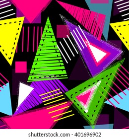 Abstract seamless chaotic pattern with urban geometric elements, scuffed, drops, triangles. Grunge neon texture background. Wallpaper for boys and girls