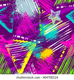 Abstract seamless chaotic pattern with urban geometric elements, scuffed, drops, triangles, stars, sprays Grunge neon texture background. Wallpaper for boys and girls