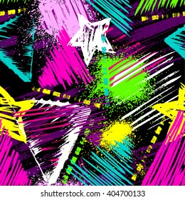 Abstract seamless chaotic pattern with urban geometric elements, scuffed, drops, triangles, stars, sprays Grunge neon texture background. Wallpaper for boys and girls