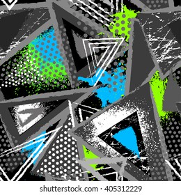Abstract seamless chaotic pattern with urban geometric elements, scuffed, drops, triangles, spots, sprays Grunge neon texture background. Wallpaper for boys and girls