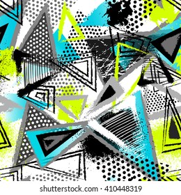 Abstract seamless chaotic pattern with urban geometric elements, scuffed, drops, triangles, spots, sprays Grunge neon texture background. Wallpaper for boys and girls