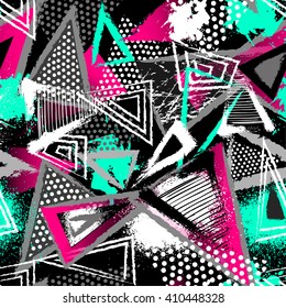 Abstract seamless chaotic pattern with urban geometric elements, scuffed, drops, triangles, spots, sprays Grunge neon texture background. Wallpaper for boys and girls