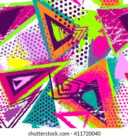 Abstract seamless chaotic pattern with urban geometric elements, scuffed, drops, triangles, spots, sprays Grunge neon texture background. Wallpaper for boys and girls