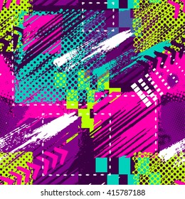 Abstract seamless chaotic pattern with urban geometric elements, scuffed, drops, sprays. Grunge neon texture background. Wallpaper for boys and girls