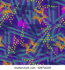 Abstract seamless chaotic pattern with urban geometric elements, scuffed, drops, sprays, triangles. Grunge neon texture background. Wallpaper for boys and girls