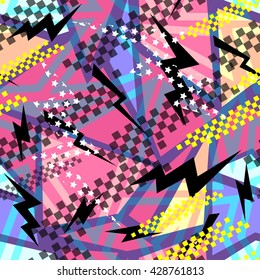 Abstract seamless chaotic pattern with urban geometric elements, scuffed, drops, sprays, triangles. Grunge neon texture background. Wallpaper for boys and girls