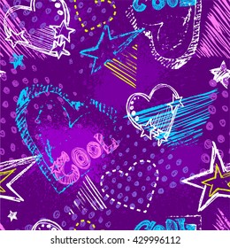 Abstract seamless chaotic pattern with urban geometric elements, scuffed, drops, hearts, triangles, stars, sprays. Grunge neon texture background. Wallpaper for girls