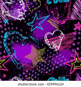 Abstract seamless chaotic pattern with urban geometric elements, scuffed, drops, hearts, triangles, stars, sprays. Grunge neon texture background. Wallpaper for girls
