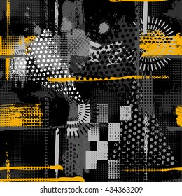 Abstract seamless chaotic pattern with urban geometric elements, scuffed, drops, triangles, spots, sprays Grunge neon texture background. Wallpaper for boys and girls