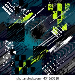 Abstrato padrão caótico sem costura com elementos geométricos urbanos, arranhado, gotas, triângulos, manchas, sprays fundo textura de néon Grunge. Papel de parede para meninos e meninas