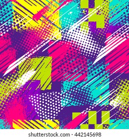 Abstract seamless chaotic pattern with urban geometric elements, scuffed, drops, triangles, stars, sprays Grunge neon texture background. Wallpaper for boys and girls