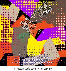 Abstract seamless chaotic pattern with urban geometric elements, scuffed, drops, sprays, triangles. Grunge neon texture background. Wallpaper for boys and girls