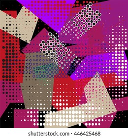 Abstract seamless chaotic pattern with urban geometric elements, scuffed, drops, sprays, triangles. Grunge neon texture background. Wallpaper for boys and girls