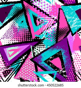 Abstracto patrón caótico sin fisuras con elementos geométricos urbanos, escaramuzas, gotas, triángulos, puntos, pulverizaciones. Fondo de textura de neón grueso. Fondo de escritorio para niños y niñas