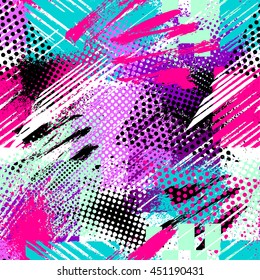 Abstraktes, nahtloses chaotisches Muster mit urbanen geometrischen Elementen, geschnitzt, Tropfen, Dreiecke, Sterne, Sprays Grunge Neon Textur Hintergrund. Tapete für Jungen und Mädchen