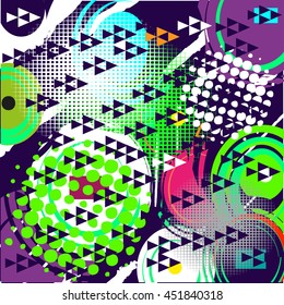 Abstract seamless chaotic pattern with urban geometric elements, scuffed, drops, triangles, spots, sprays Grunge neon texture background. Wallpaper for boys and girls