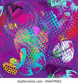 Abstract seamless chaotic pattern with urban geometric elements, hearts, dots , for textile. Modern grunge background . 