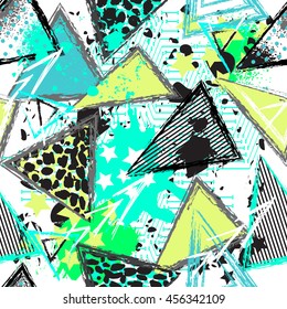 Abstract seamless chaotic pattern with urban geometric elements, scuffed, drops, triangles,  sprays. Grunge neon texture background. Wallpaper for boys and girls