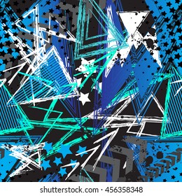 Abstract seamless chaotic pattern with urban geometric elements, scuffed, drops, triangles,  sprays. Grunge neon texture background. Wallpaper for boys and girls