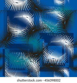 Abstract seamless chaotic pattern with urban geometric elements, scuffed, drops, sprays. Grunge colorful texture background in blue, black and white colors. Wallpaper for boys and girls