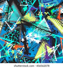 Abstract seamless chaotic pattern with urban geometric elements, scuffed, drops, triangles,  sprays. Grunge neon texture background. Wallpaper for boys and girls