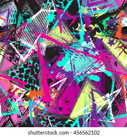 Abstract seamless chaotic pattern with urban geometric elements, scuffed, drops, triangles,  sprays. Grunge neon texture background. Wallpaper for boys and girls