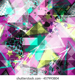 Abstract seamless chaotic pattern with urban geometric elements, scuffed, drops, triangles,  sprays. Grunge neon texture background. Wallpaper for boys and girls
