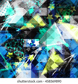 Abstract seamless chaotic pattern with urban geometric elements, scuffed, drops, triangles,  sprays. Grunge neon texture background. Wallpaper for boys and girls