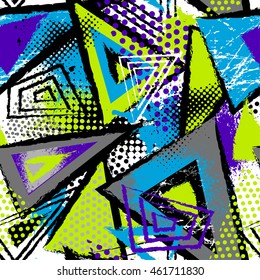 Abstracto patrón caótico sin fisuras con elementos geométricos urbanos, escaramuzas, gotas, triángulos, puntos, pulverizaciones. Fondo de textura de neón grueso. Fondo de escritorio para niños y niñas