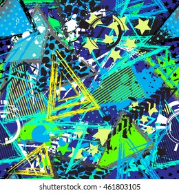 Abstract seamless chaotic pattern with urban geometric elements, scuffed, drops, triangles,  sprays. Grunge neon texture background. Wallpaper for boys and girls