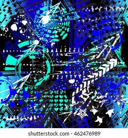 Abstract seamless chaotic pattern with urban geometric elements, scuffed, drops, triangles,  sprays. Grunge neon texture background. Wallpaper for boys and girls
