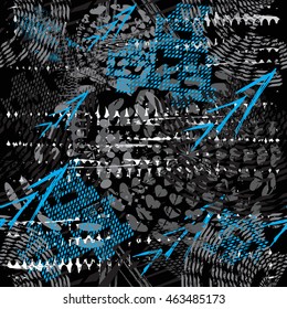 Abstract seamless chaotic pattern with urban geometric elements, scuffed, drops, triangles,  sprays. Grunge neon texture background. Wallpaper for boys 