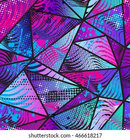 Abstract seamless chaotic pattern with urban geometric elements, scuffed, drops, sprays, triangles. Grunge neon texture background. Wallpaper for boys and girls