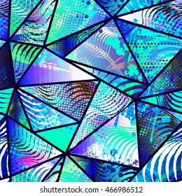 Abstract seamless chaotic pattern with urban geometric elements, scuffed, drops, sprays, triangles. Grunge neon texture background. Wallpaper for boys and girls