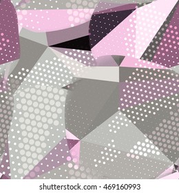 Abstract seamless chaotic pattern with urban geometric elements, scuffed, drops, sprays, triangles. Texture pattern for covers, banners, booklets, etc. For web or printed media.