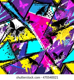 Abstract seamless chaotic pattern with urban geometric elements and butterfly , for textile. Modern grunge background . Wallpaper for boys and girls
