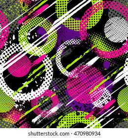 Abstract seamless chaotic pattern with urban geometric elements, scuffed, drops, spots, sprays. Grunge neon texture background. Drive modern creative wallpaper for guys.