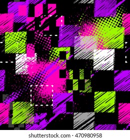 Abstract seamless chaotic pattern with urban geometric elements, scuffed, drops, spots, sprays. Grunge neon texture background. Drive modern creative wallpaper for guys.