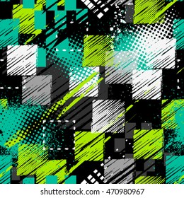 Abstract seamless chaotic pattern with urban geometric elements, scuffed, drops, spots, sprays. Grunge neon texture background. Drive modern creative wallpaper for guys.