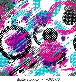 Abstract seamless chaotic pattern with urban geometric elements, scuffed, drops, spots, sprays. Grunge neon texture background. Drive modern creative wallpaper for guys.