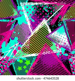 Abstract seamless chaotic pattern with urban geometric elements, scuffed, drops, triangles,  sprays. Grunge neon texture background. Wallpaper for boys and girls